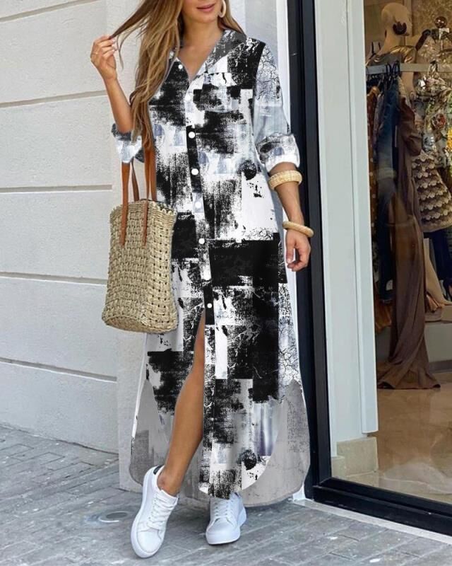 Damen Langarmhemdkleid mit elegantem Charme und reichhaltigem Grafikdruck R&B