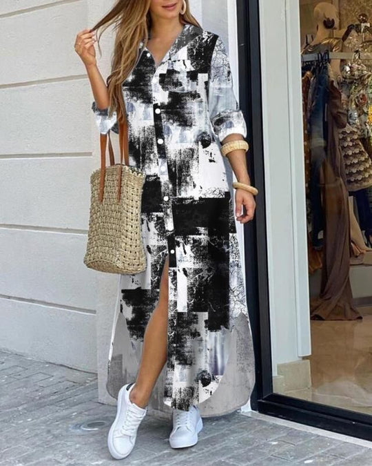Damen Langarmhemdkleid mit elegantem Charme und reichhaltigem Grafikdruck R&B