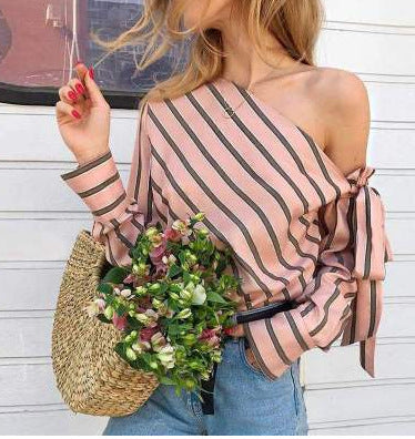 Damen asymmetrische Bluse mit Streifenmuster und Off-Shoulder Design R&B