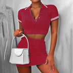 Damen modisches Crop-Top und Mini-Rock Set mit feinem Rippdesign R&B
