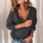 Damen lockerer Strickpullover mit V-Ausschnitt und überschnittenen Schultern R&B
