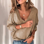 Damen lockerer Strickpullover mit V-Ausschnitt und überschnittenen Schultern R&B