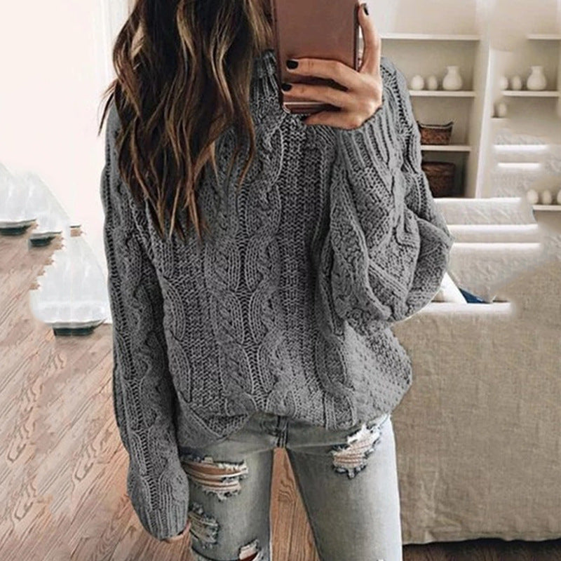 Damen lässiger Grobstrickpullover mit romantischem Zopfmuster R&B