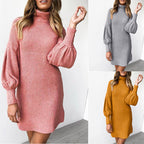 Damen kuscheliges Rippstrickkleid mit hohem Kragen und Puffärmeln R&B