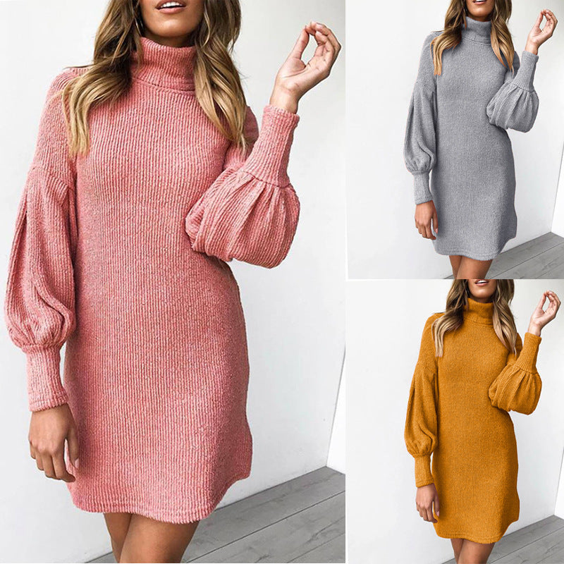 Damen kuscheliges Rippstrickkleid mit hohem Kragen und Puffärmeln R&B