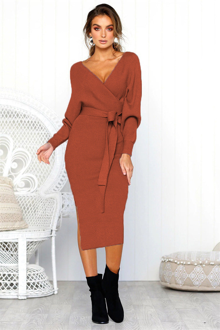 Damen Elegantes Wickelkleid mit tiefem V-Ausschnitt und Taillengürtel R&B