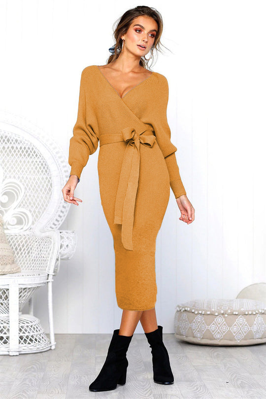 Damen Elegantes Wickelkleid mit tiefem V-Ausschnitt und Taillengürtel R&B