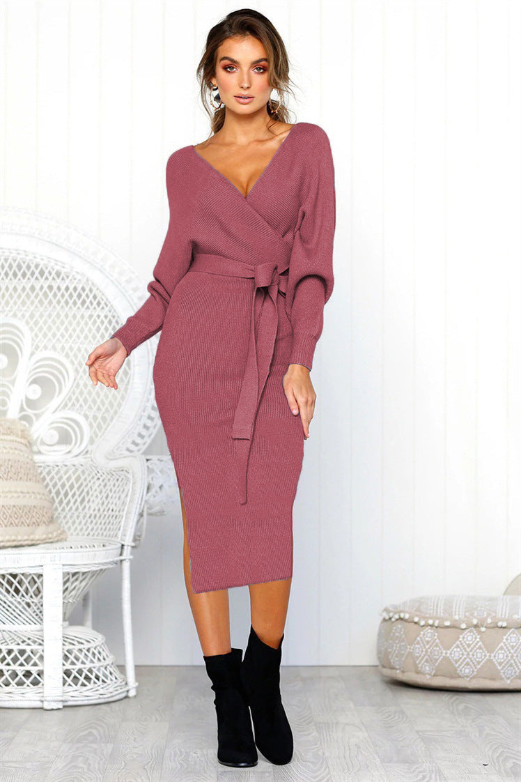 Damen Elegantes Wickelkleid mit tiefem V-Ausschnitt und Taillengürtel R&B