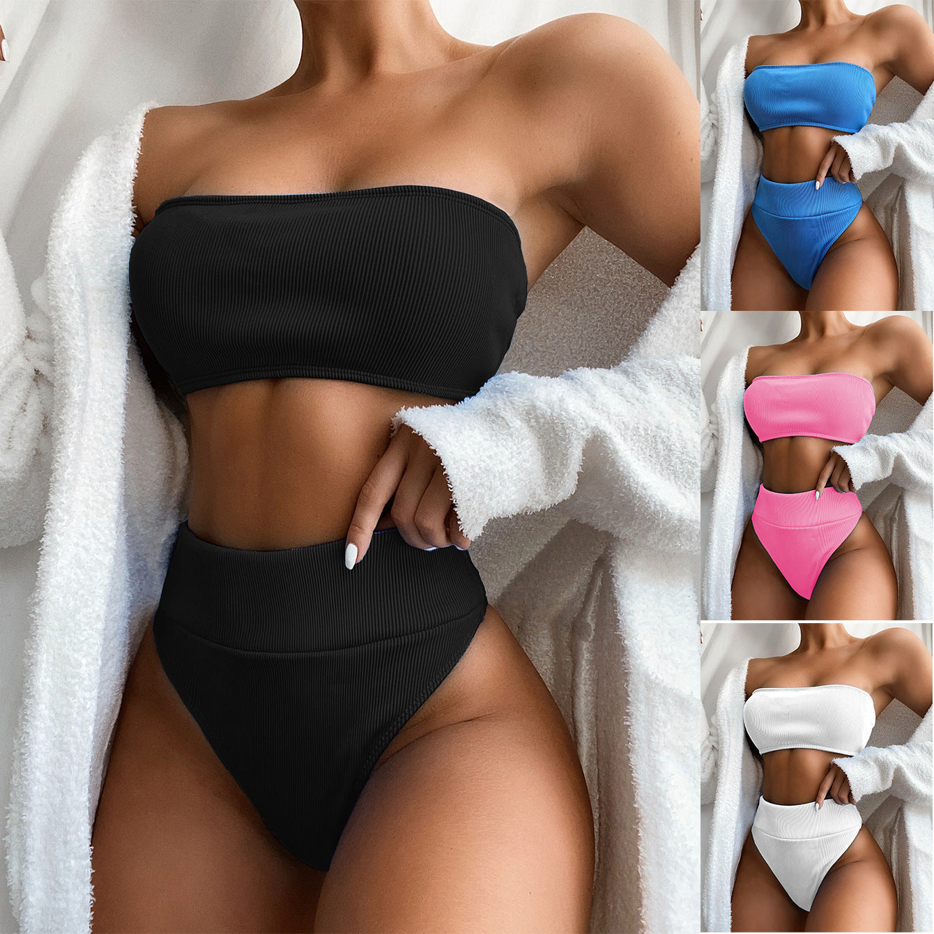 Damen Hochgeschnittener Bandeau-Bikini mit Rippstruktur