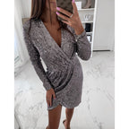 Damen Funkelndes Cocktailkleid mit V-Ausschnitt und langen Ärmeln R&B