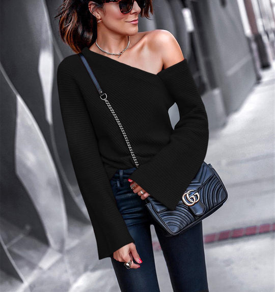 Damen asymmetrischer Grobstrickpullover mit lässigen Bellärmeln R&B
