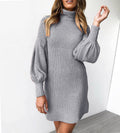 Damen kuscheliges Rippstrickkleid mit hohem Kragen und Puffärmeln R&B