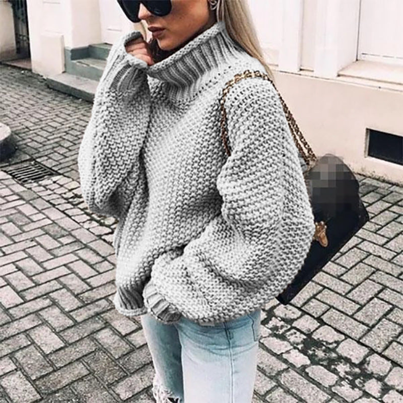 Damen Grobstrickpullover mit hohem Kragen und lässigem Schnitt R&B