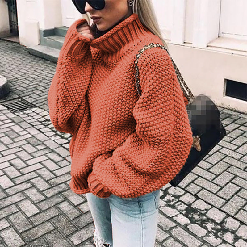 Damen Grobstrickpullover mit hohem Kragen und lässigem Schnitt R&B