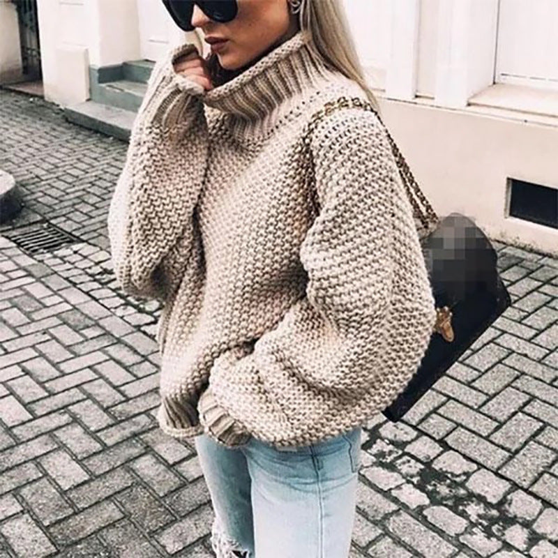 Damen Grobstrickpullover mit hohem Kragen und lässigem Schnitt R&B