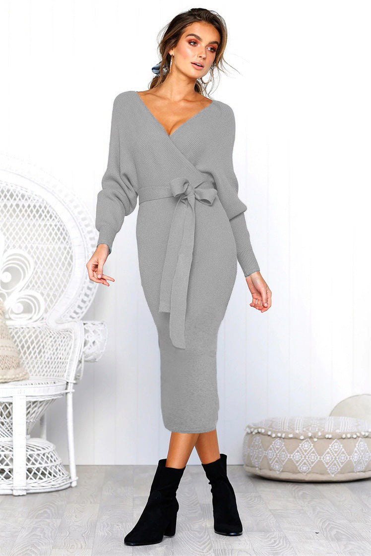 Damen Elegantes Wickelkleid mit tiefem V-Ausschnitt und Taillengürtel R&B