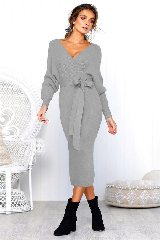 Damen Elegantes Wickelkleid mit tiefem V-Ausschnitt und Taillengürtel R&B