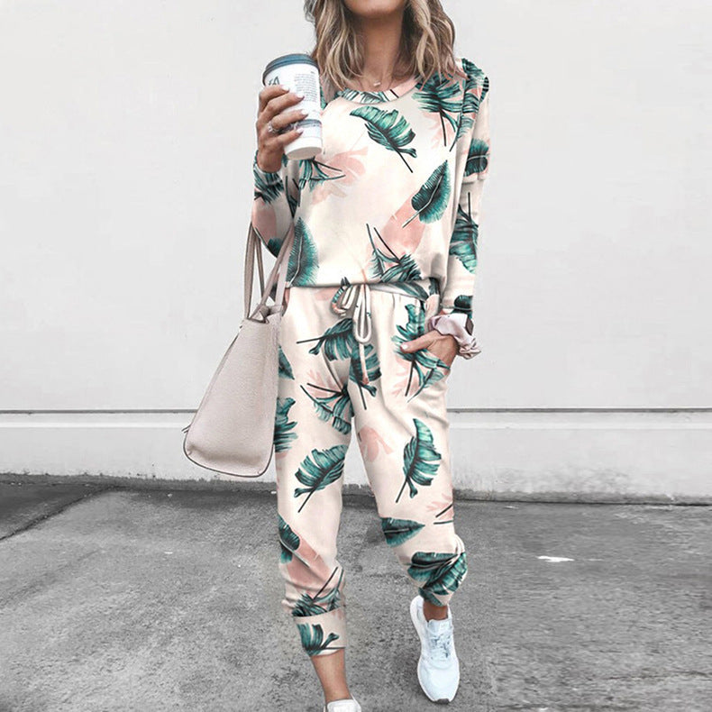 Damen Freizeit-Loungewear-Set mit floralem Muster und elastischem Bund