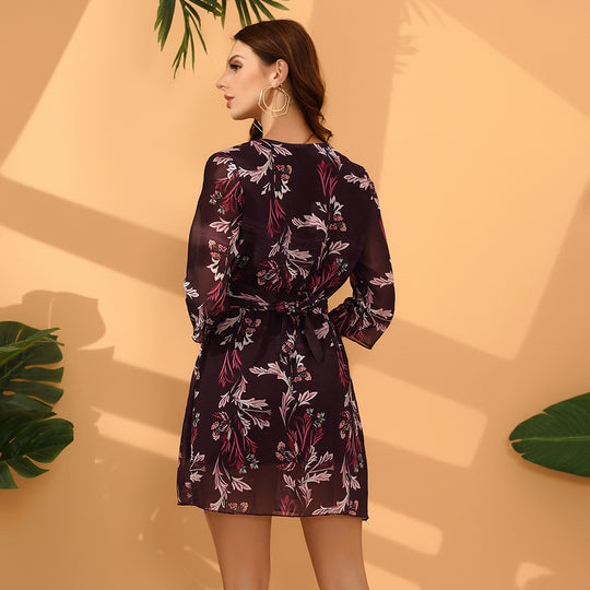 Damen Wickelkleid mit floralem Design und modischem Gürtel R&B
