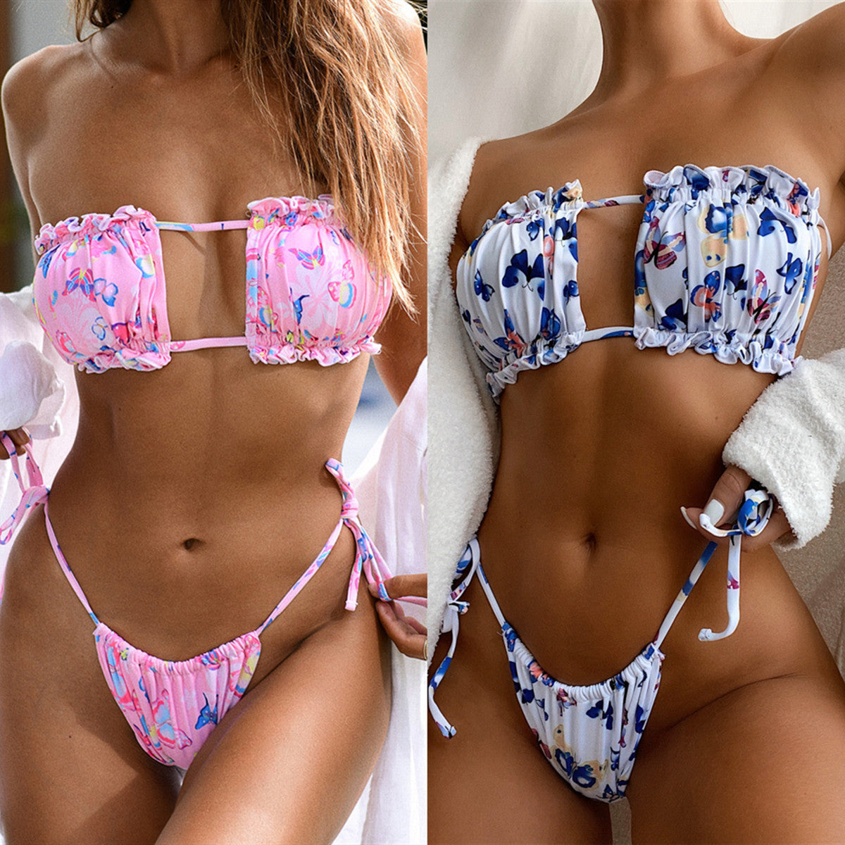 Damen Bandeau-Bikini mit verspielten Rüschen