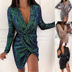 Damen Funkelndes Cocktailkleid mit V-Ausschnitt und langen Ärmeln R&B