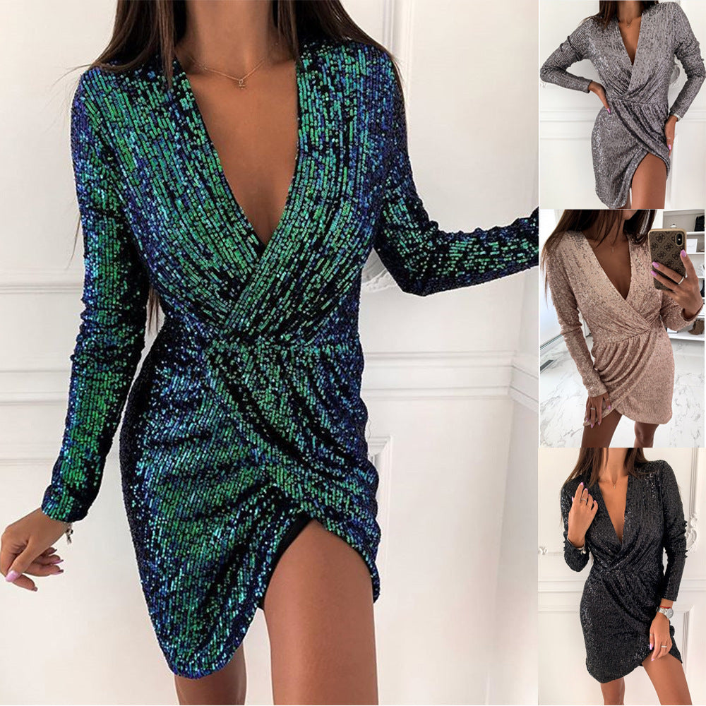 Damen Funkelndes Cocktailkleid mit V-Ausschnitt und langen Ärmeln R&B