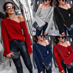 Damen asymmetrischer Grobstrickpullover mit lässigen Bellärmeln R&B