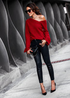 Damen asymmetrischer Grobstrickpullover mit lässigen Bellärmeln R&B