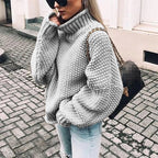 Damen Grobstrickpullover mit hohem Kragen und lässigem Schnitt R&B