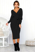 Damen Elegantes Wickelkleid mit tiefem V-Ausschnitt und Taillengürtel R&B