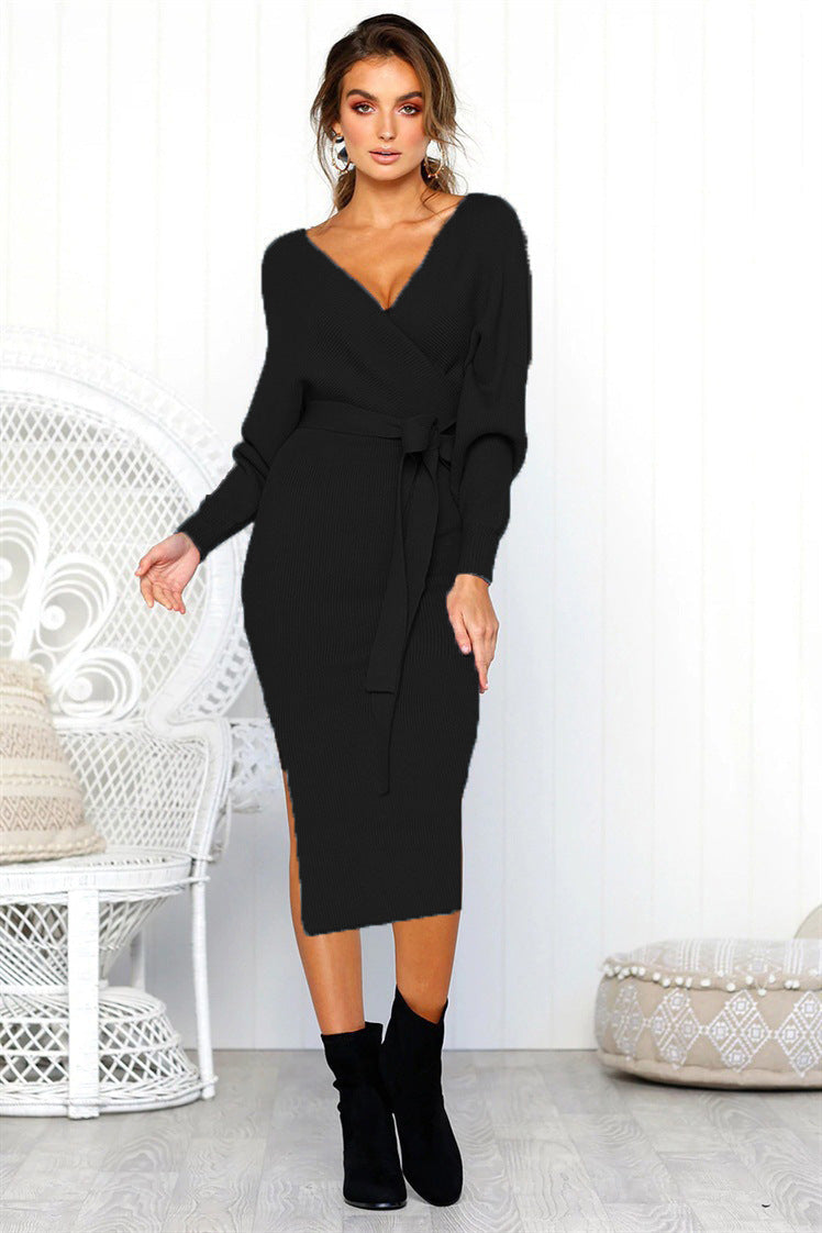 Damen Elegantes Wickelkleid mit tiefem V-Ausschnitt und Taillengürtel R&B