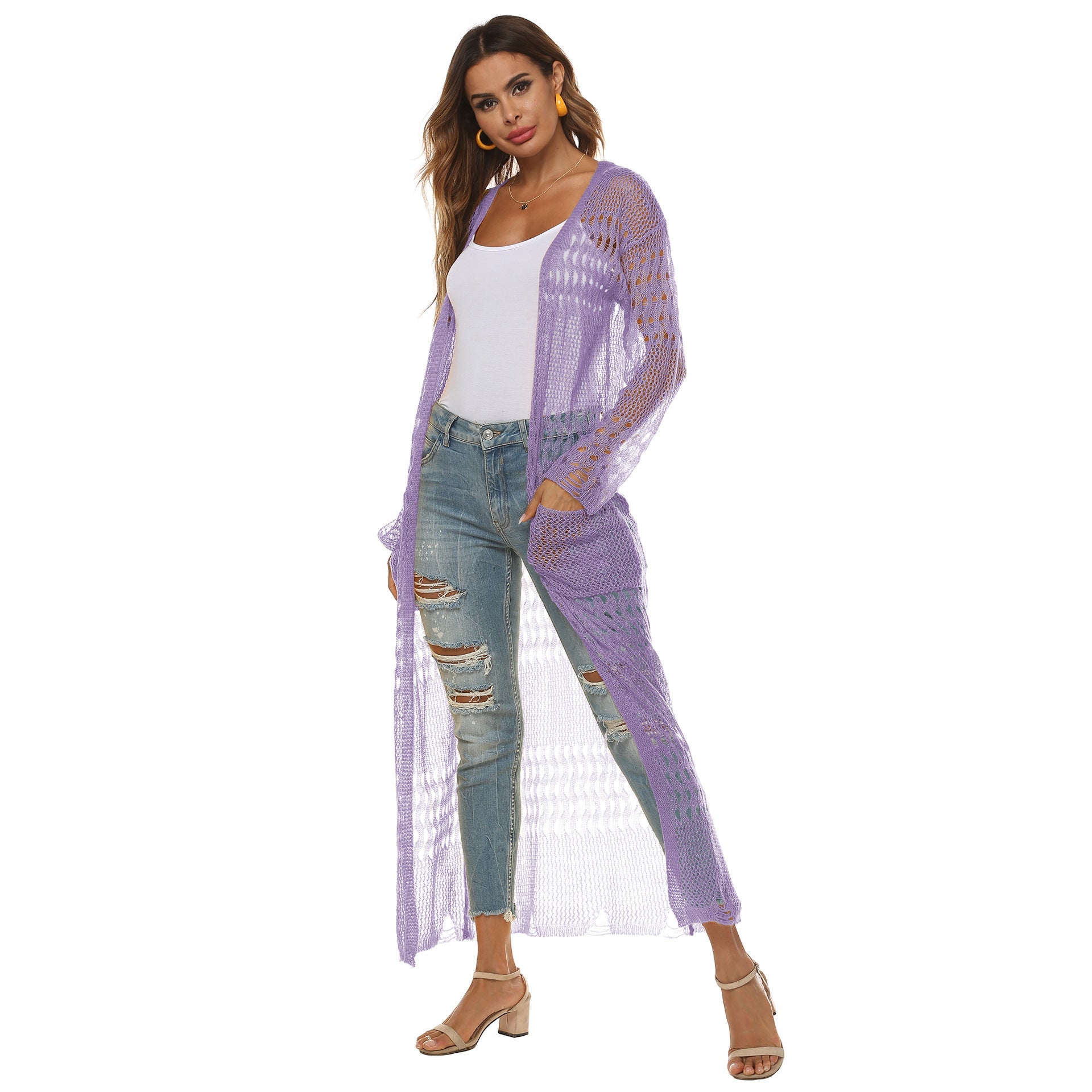 Damen luftiger Strickmantel mit durchbrochenem Design R&B