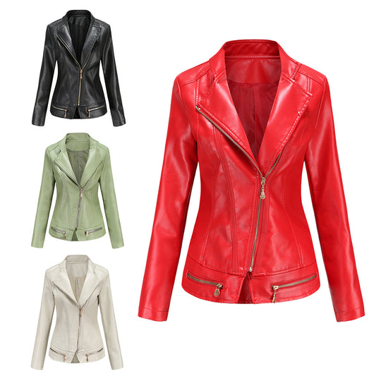 Damen schicke Kunstlederjacke mit tailliertem Schnitt und dekorativen Reißverschlüssen R&B