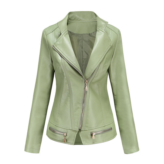 Damen schicke Kunstlederjacke mit tailliertem Schnitt und dekorativen Reißverschlüssen R&B