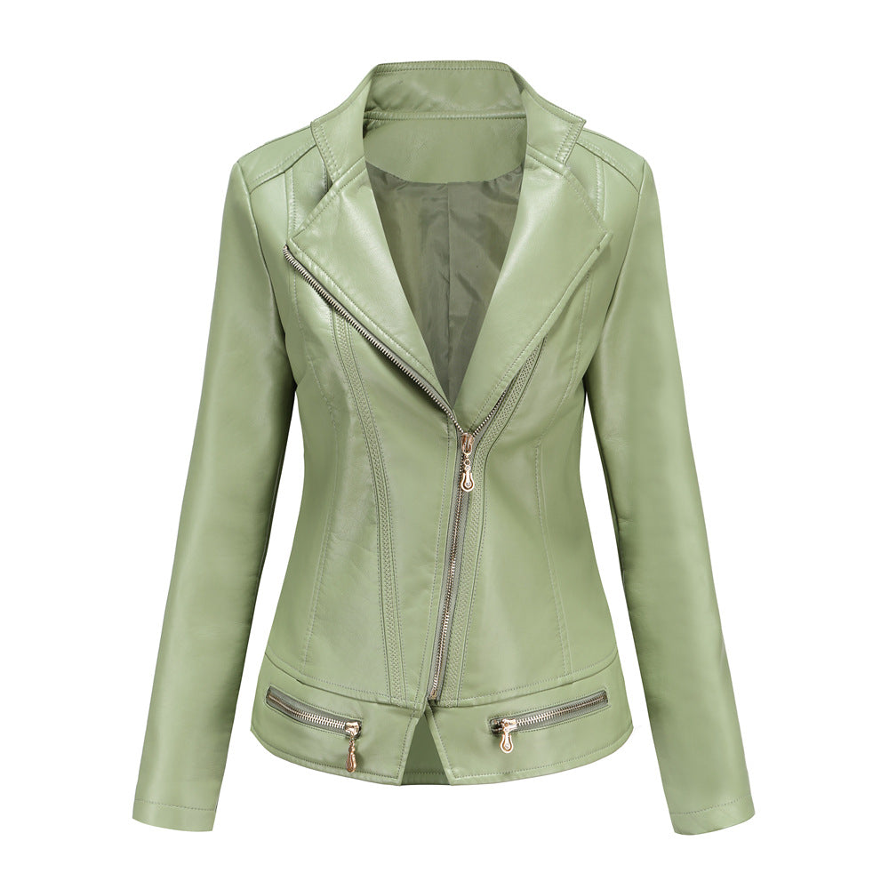 Damen schicke Kunstlederjacke mit tailliertem Schnitt und dekorativen Reißverschlüssen R&B