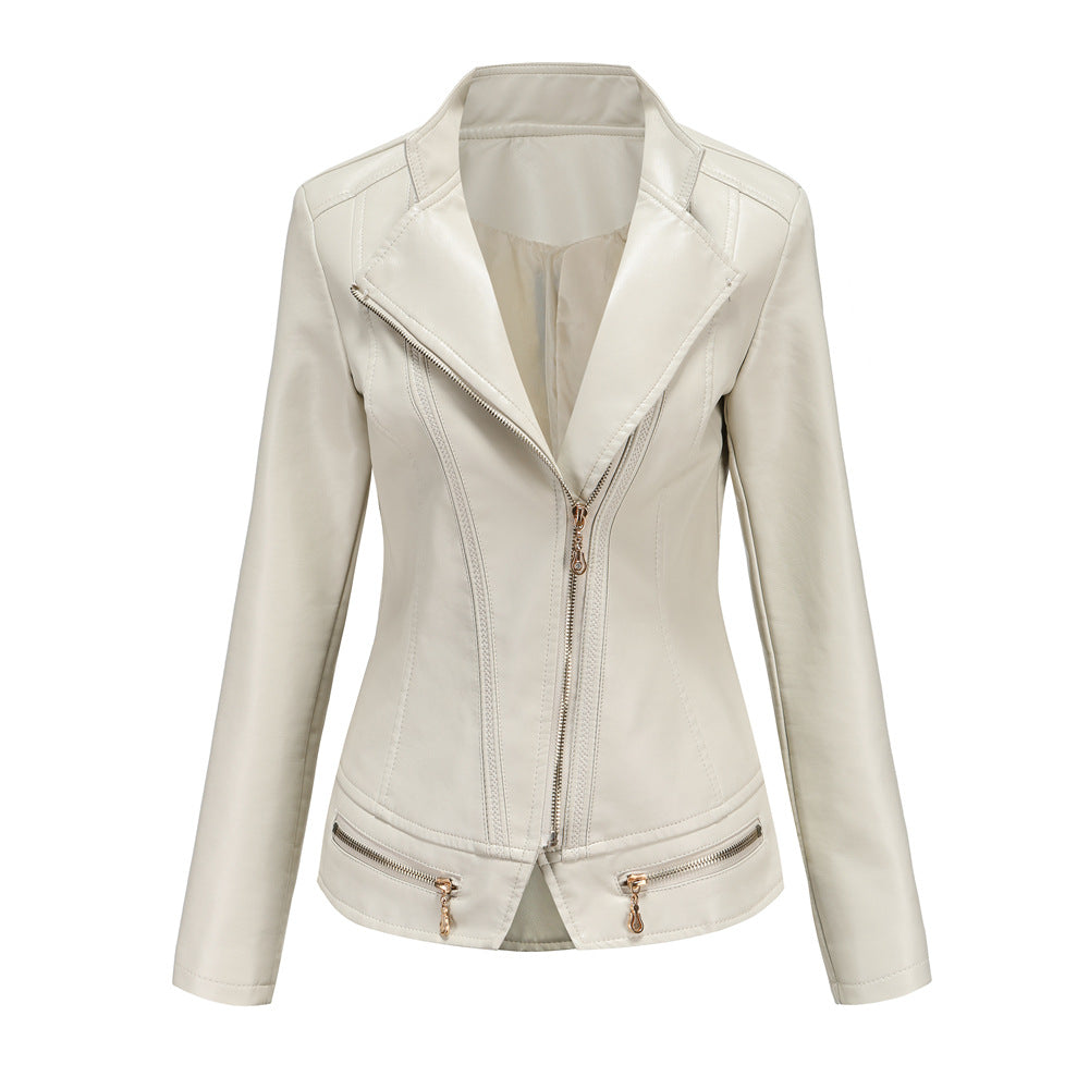 Damen schicke Kunstlederjacke mit tailliertem Schnitt und dekorativen Reißverschlüssen R&B