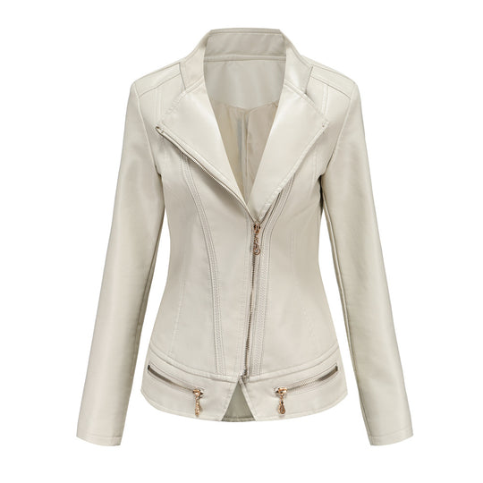 Damen schicke Kunstlederjacke mit tailliertem Schnitt und dekorativen Reißverschlüssen R&B