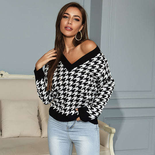 Damen Oversized Pullover mit modernem Hahnentrittmuster und tiefem V-Ausschnitt R&B