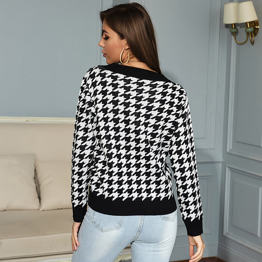 Damen Oversized Pullover mit modernem Hahnentrittmuster und tiefem V-Ausschnitt R&B