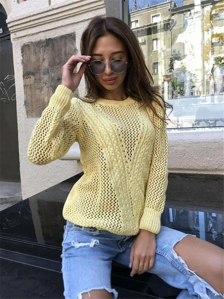 Damen luftiger Strickpullover mit modernen Netzmuster R&B