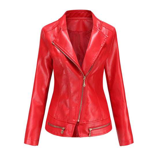 Damen schicke Kunstlederjacke mit tailliertem Schnitt und dekorativen Reißverschlüssen R&B