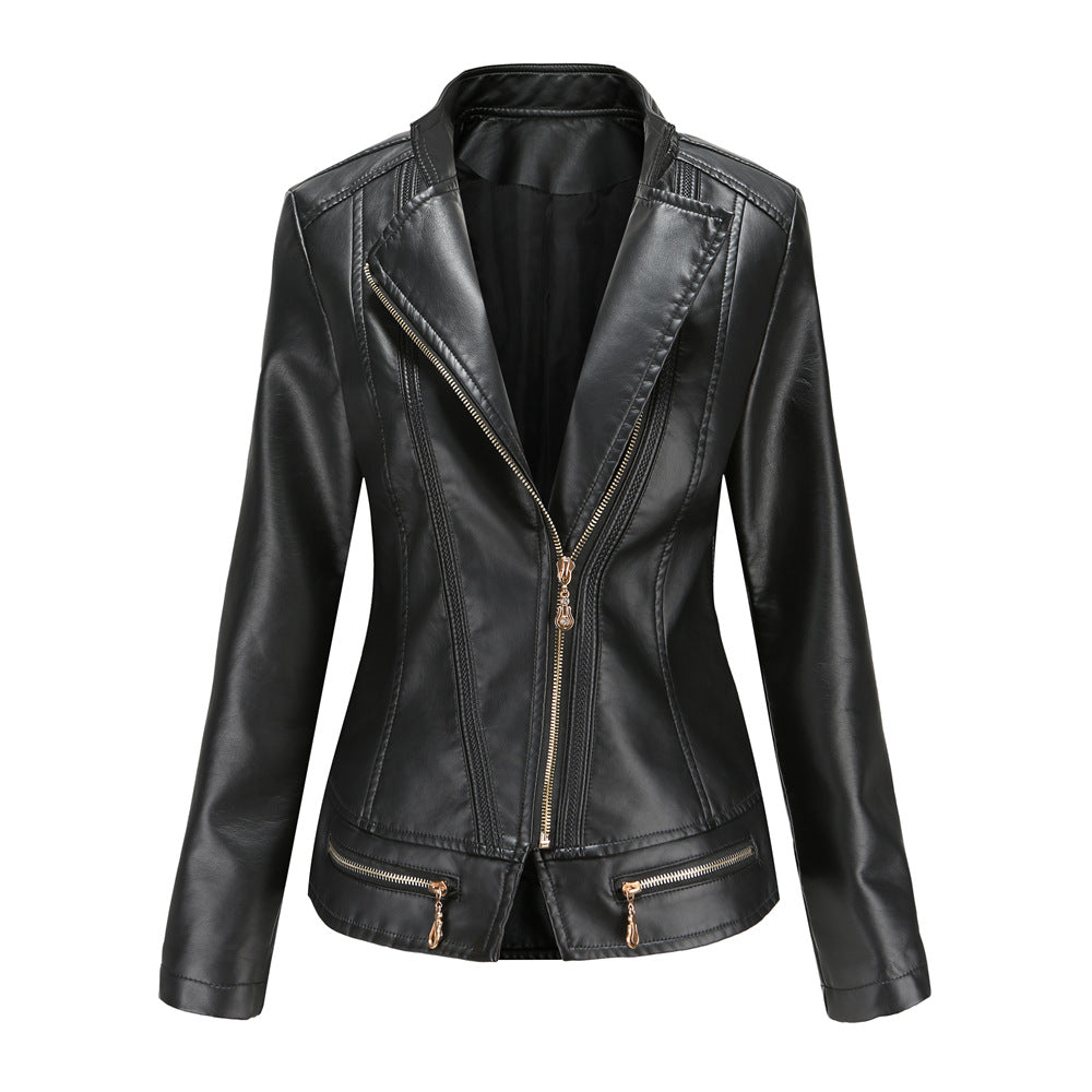Damen schicke Kunstlederjacke mit tailliertem Schnitt und dekorativen Reißverschlüssen