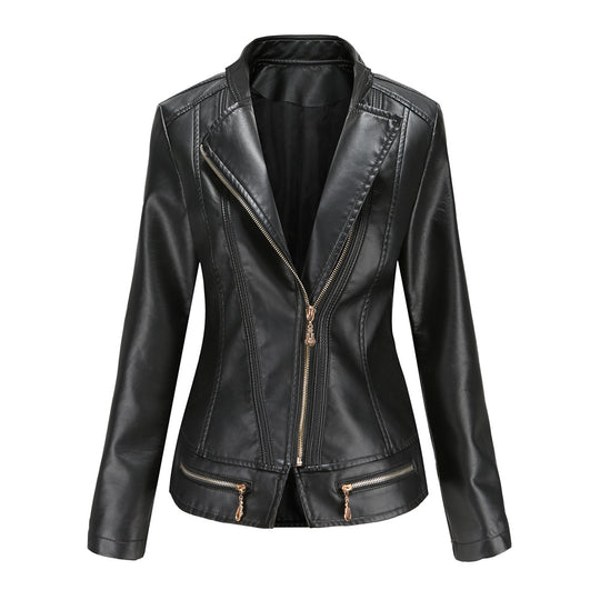Damen schicke Kunstlederjacke mit tailliertem Schnitt und dekorativen Reißverschlüssen R&B