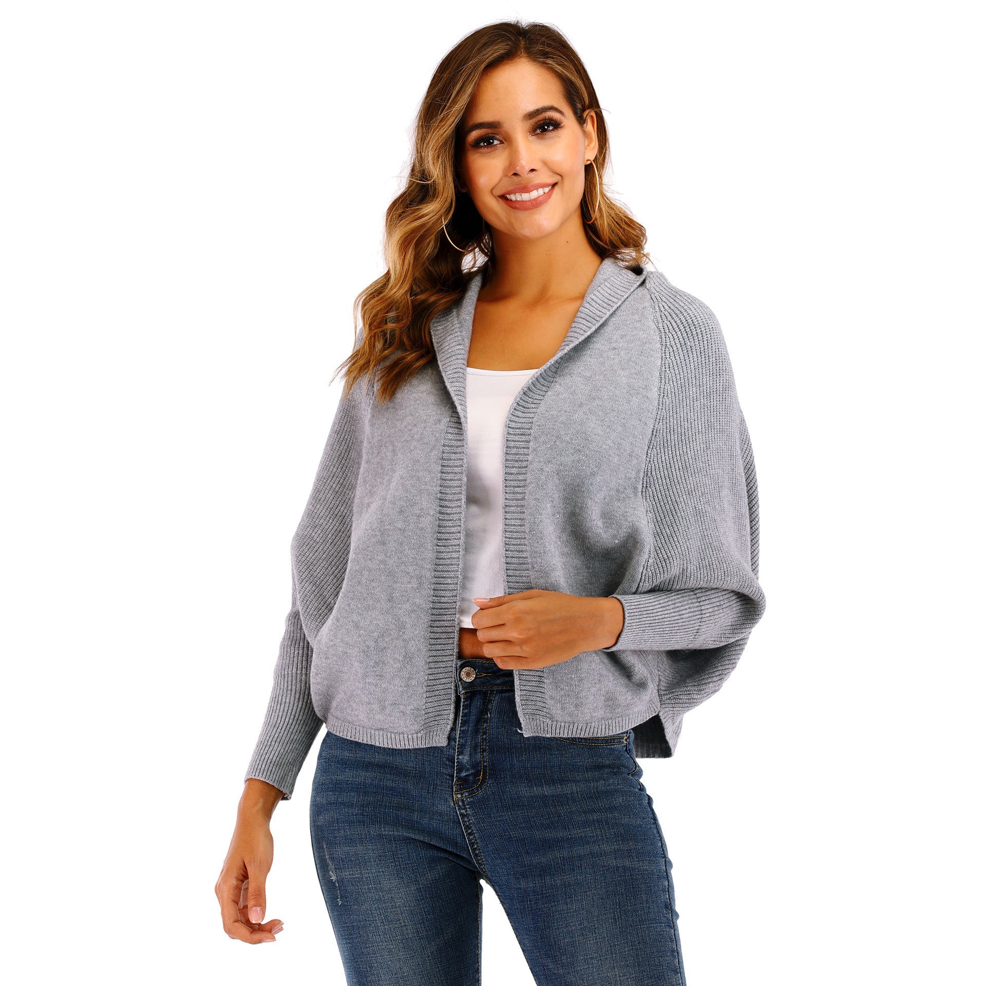 Damen lässige Strickjacke mit Kapuze und seitlichen Taschen R&B