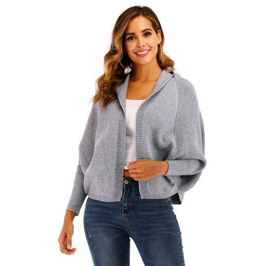 Damen lässige Strickjacke mit Kapuze und seitlichen Taschen R&B