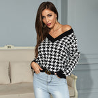 Damen Oversized Pullover mit modernem Hahnentrittmuster und tiefem V-Ausschnitt