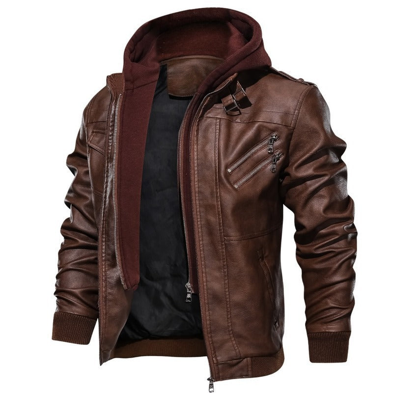 Herren Kunstlederjacke mit abnehmbarer Kapuze und mehreren Reißverschlusstaschen R&B