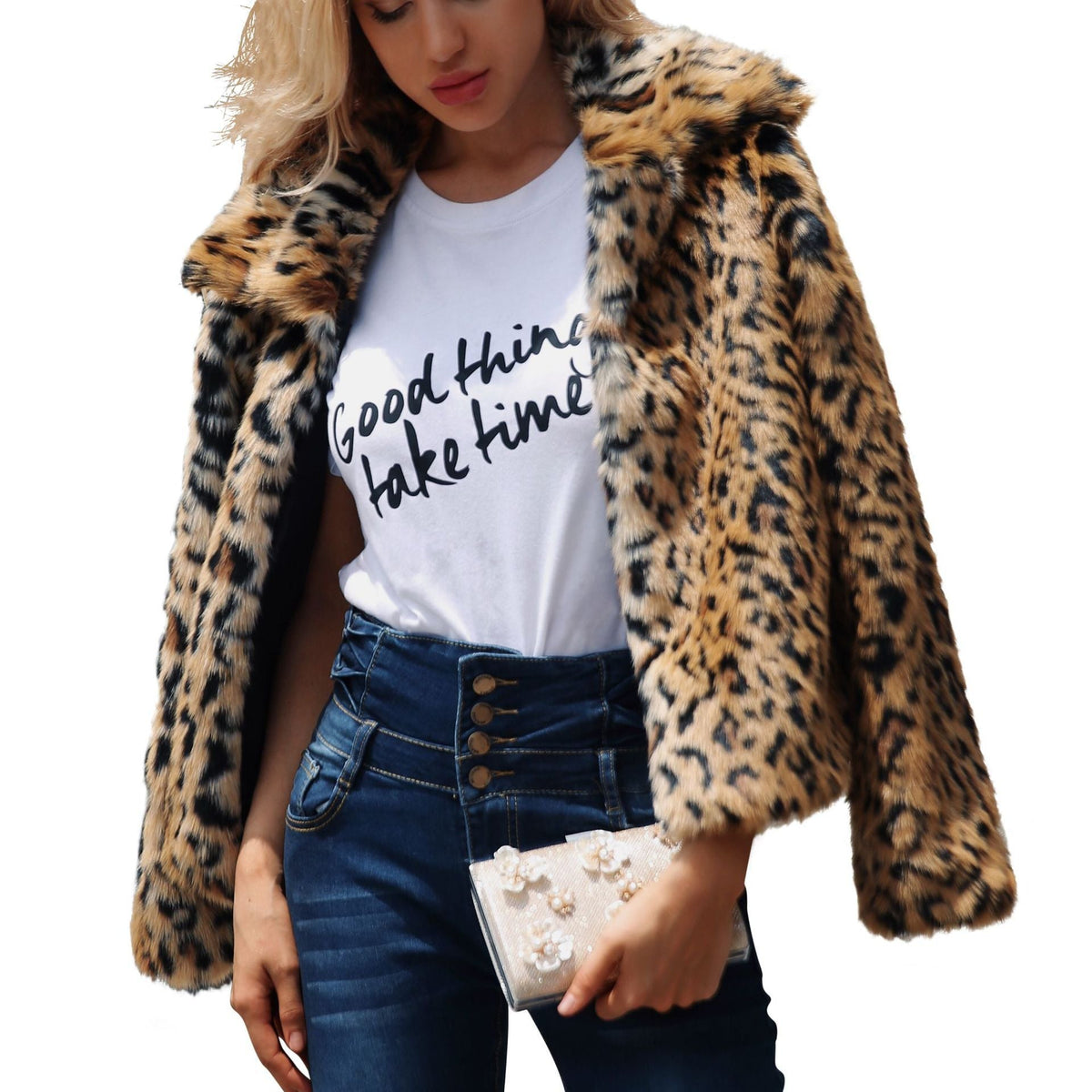 Damen Kunstfelljacke im eleganten Leopardenmuster mit modischem Schnitt R&B