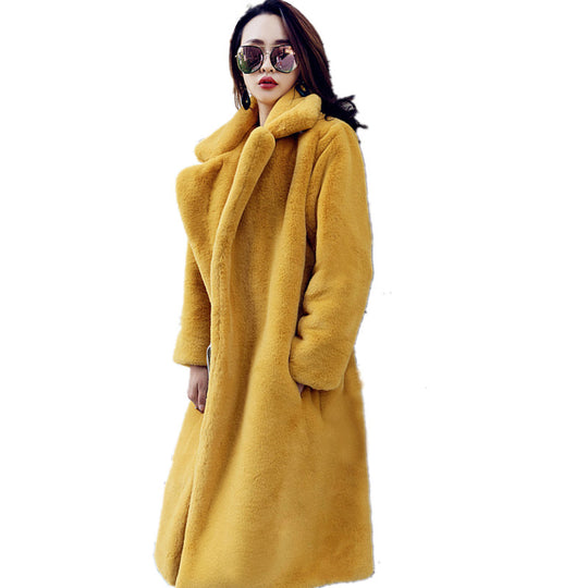 Damen Eleganter und voluminöser Kunstpelzmantel mit breitem Kragen R&B