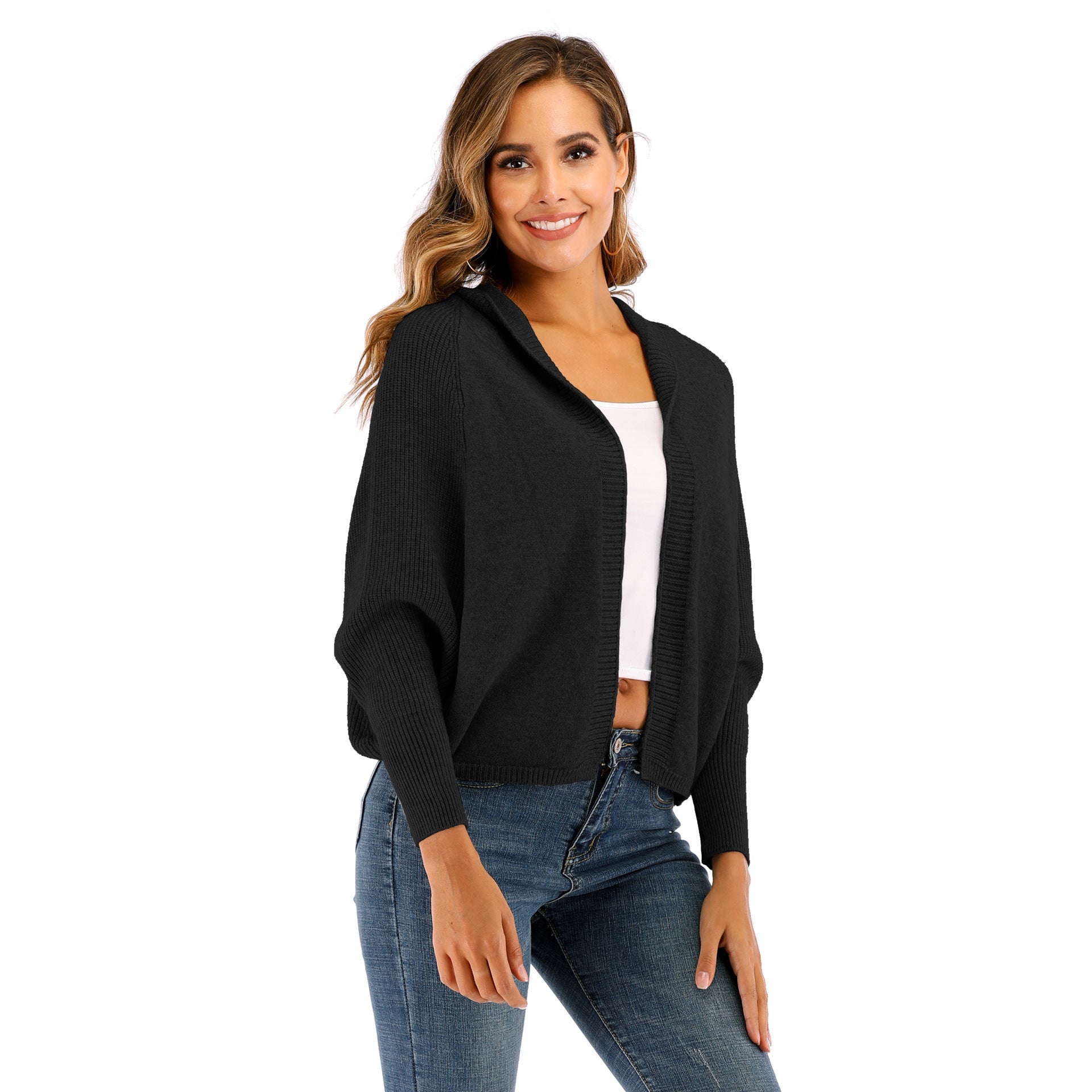 Damen lässige Strickjacke mit Kapuze und seitlichen Taschen R&B
